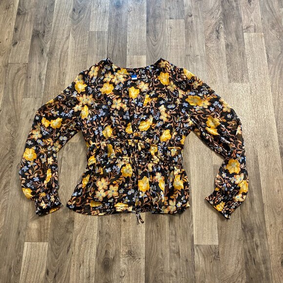 Old Navy Floral V-Neck Peasant Peplum Blouse Long Sleeve Size Medium - Picture 1 of 7